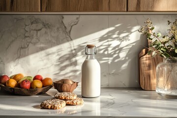 Sunlit kitchen counter with milk bottle and fresh apples and cookies
