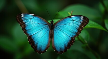 Blue morpho butterfly resting with its wings open on green leaves
