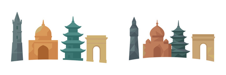 Collection of famous world landmarks architectural silhouettes representing global travel destinations and cultural heritage sites