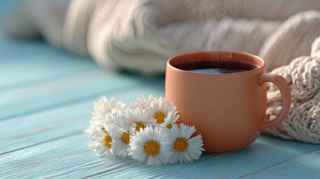 Cozy warm drink steam flowers relaxing morning vibes create cheerful calm atmosphere for wellness and selfcare concept