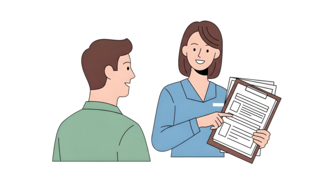A smiling woman presenting a document to a man, possibly explaining its contents.
