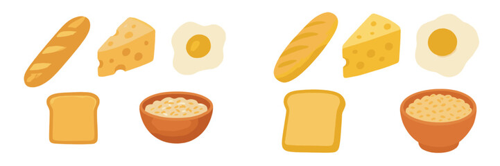 Assortment of breakfast food items including baguette, cheese, fried egg, toast, and cereal bowl on white background
