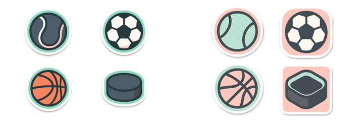 Sports equipment icons featuring tennis, soccer, basketball, and hockey puck