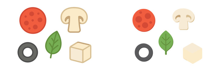 Stylized food ingredients collection with pepperoni, mushroom, olive, spinach, and cheese for cooking and recipes