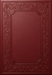 Close-up of burgundy leather book cover with embossed frame, textured surface, aged elegance, realistic detail.
