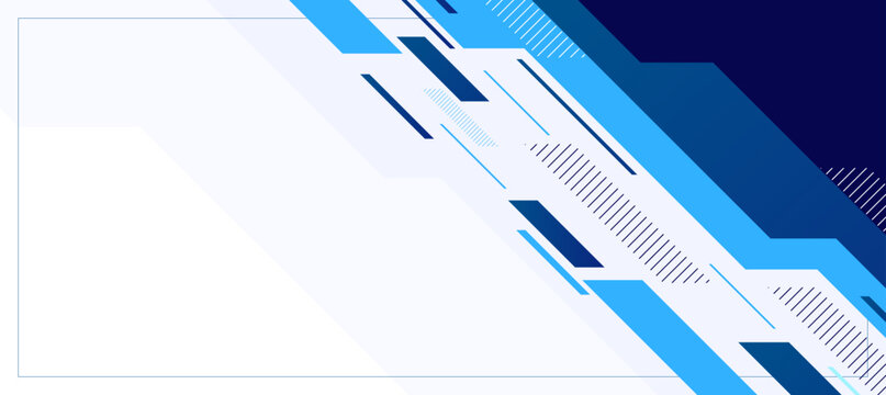 Modern blue geometric shapes and diagonal lines create a dynamic abstract background for technology or business concepts
