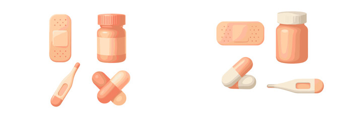 Collection of essential medical supplies including bandages, pill bottles, capsules, and thermometers for health and first aid