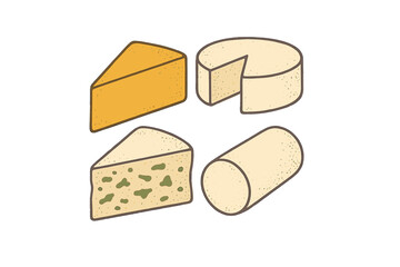 Assortment of various gourmet cheese types including cheddar, brie, blue cheese, and goat cheese log