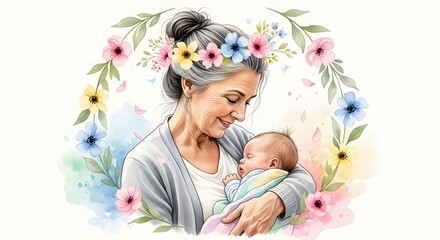 Grandparents Day Tender moment of a grandmother holding a sleeping baby surrounded by a floral wreath infant