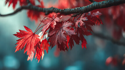 Vibrant red maple leaves adorn tree branch against blurred background. Ideal for autumn themes, nature projects, web design, and marketing materials.