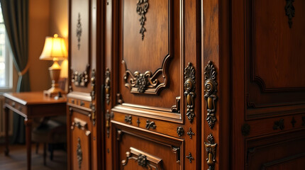 A beautifully crafted vintage wooden wardrobe with intricate carved details.
