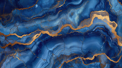 abstract background blue marble agate granite mosaic with golden veins, japanese kintsugi technique, fake painted artificial stone texture, marbled surface, digital marbling illustration
