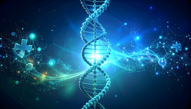 Dynamic 3D DNA strand with vibrant blue and green glow representing genetics and medical research for commercial use