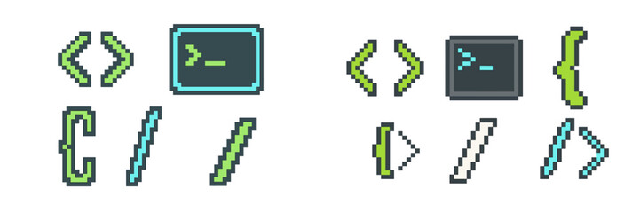 Pixel art programming symbols, code brackets, and terminal prompt icons for software development and retro gaming interface design