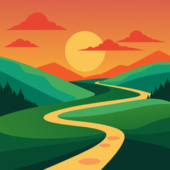 Obraz premium Serene sunset winding river path through lush green hills vector landscape background.
