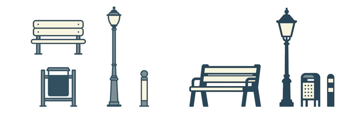Set of various outdoor city park and street furniture elements including benches, lampposts, and trash cans © icon_art