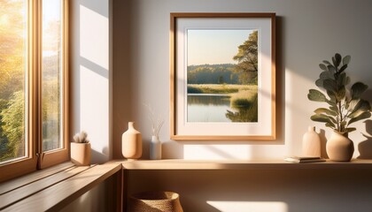 Fototapeta premium wooden framed picture hanging on sunlit wall near window