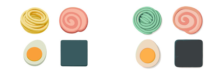 Assortment of colorful stylized food items including coiled pasta, half-boiled egg, and spiral meat shapes on a clean background