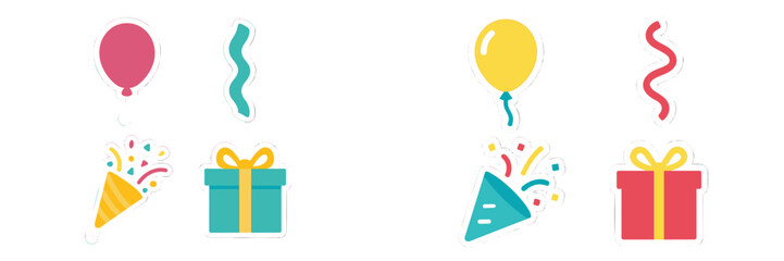 Festive collection of party celebration elements with bright balloons, wrapped gift boxes, bursting confetti poppers, and wavy streamers