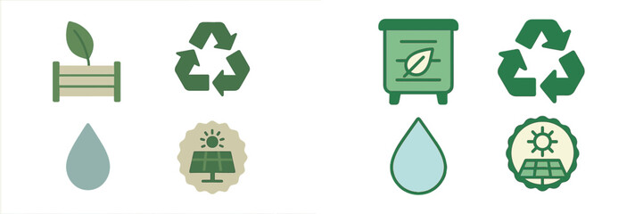Environmental sustainability icons set featuring recycling, solar power, and natural resource conservation symbols