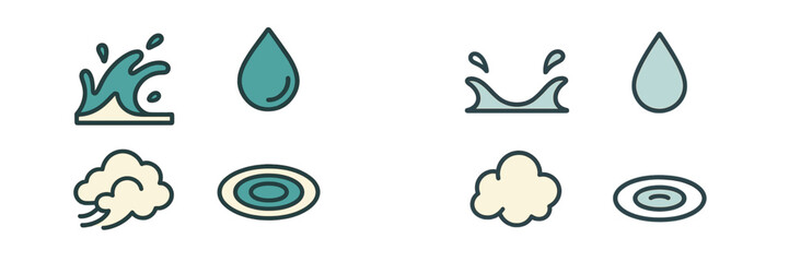 Stylized weather and water elements with various forms like splashes, droplets, clouds, wind, and ripples