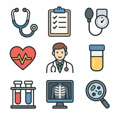 Medical and Healthcare Icons Set Including Stethoscope Medical Chart and X-ray Illustration
