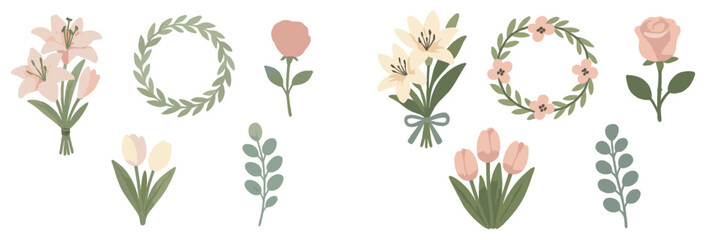 Delicate spring floral bouquets and wreaths with pastel lilies roses tulips and green leaves botanical elements