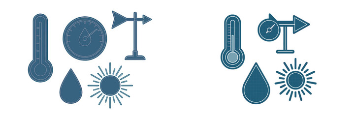 Collection of weather and climate condition icons including thermometer, sun, raindrop, wind vane, and humidity gauge