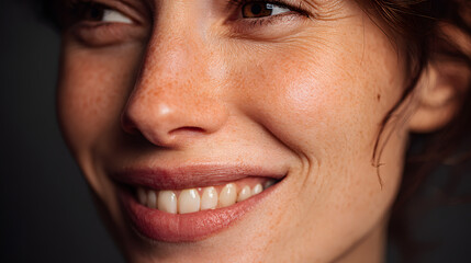 Fototapeta premium Close-up of a smiling woman with freckles, highlighting natural beauty and positive emotions