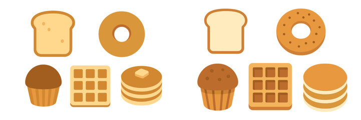 Delicious assortment of popular breakfast items including sliced bread, round bagels, chocolate muffins, square waffles, and stacked pancakes with butter