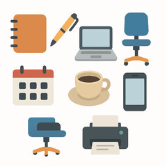 Office Desk Workspace Setup with Computer Printer Notebook Coffee Mug and Smartphone