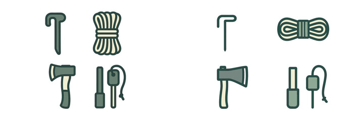 Various essential camping and outdoor adventure equipment items like axe, rope, tent peg, and fire starter