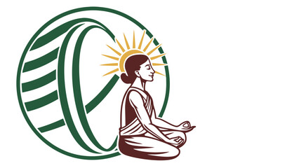 Obraz premium Meditating Woman with Sunburst and Abstract Green Circle Design