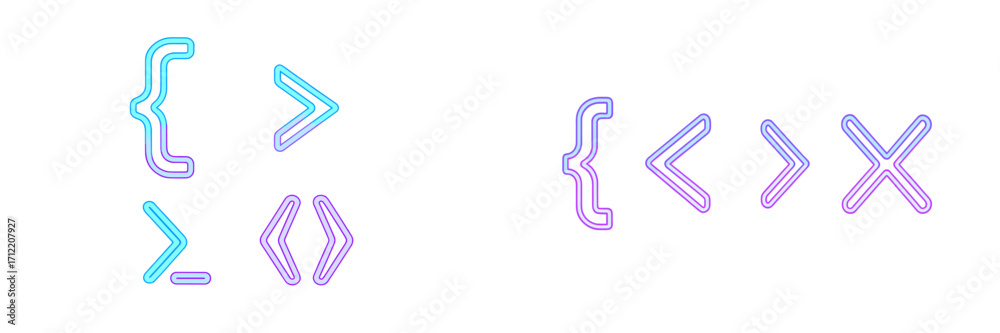 Wall mural vibrant neon gradient programming and coding symbols including curly braces, angle brackets, and mat