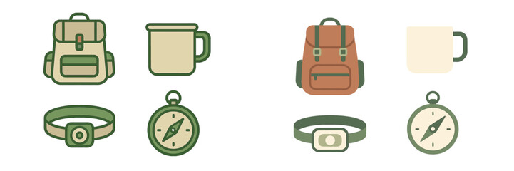 Essential outdoor adventure camping gear set with backpack mug compass and headlamp for wilderness exploration