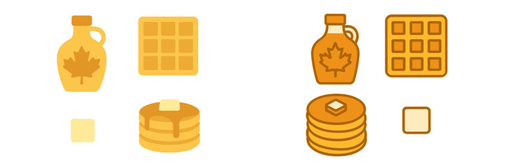 Delicious breakfast food with golden maple syrup, fluffy pancakes, crispy waffles, and creamy butter