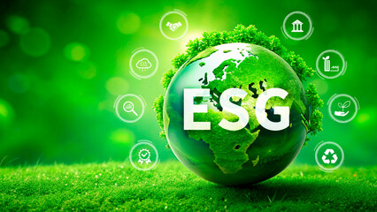 ESG concept for environmental, social and governance in sustainable and ethical business on green earth background, World Day, Renewable Energy, Sustainable, Environment, Net Zero, CSR