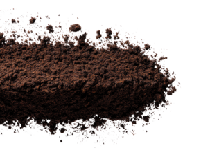 Dark brown granular powder, unevenly textured