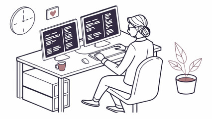 Woman with Bun Working at Desk with Dual Monitors and Potted Plant