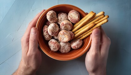 hand holding bowl with mini fuet and bread sticks