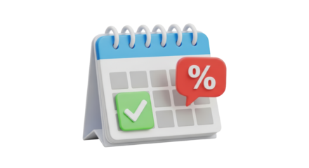 Isolated 3D rendering of a calendar with check mark and percentage sign for promotion