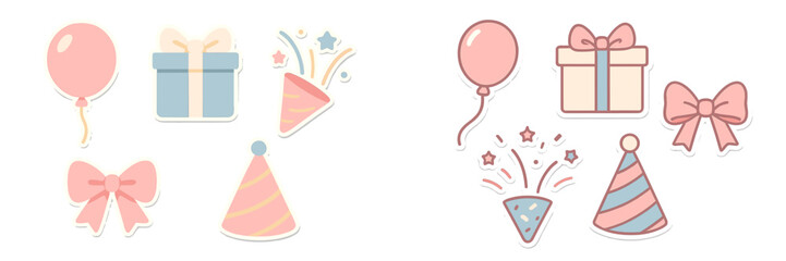 Collection of cute pastel party celebration elements including balloons, gift boxes, party hats, and bows