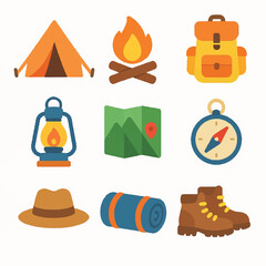 Outdoor Camping and Adventure Essential Icons Set for Nature Exploration