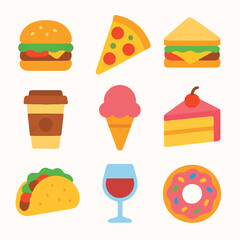 Colorful Assortment of Fast Food Items Including Burgers Pizza and Dessert