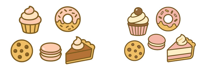 Assortment of delicious baked goods and confectionery treats featuring cupcakes donuts cookies macarons and pie slices