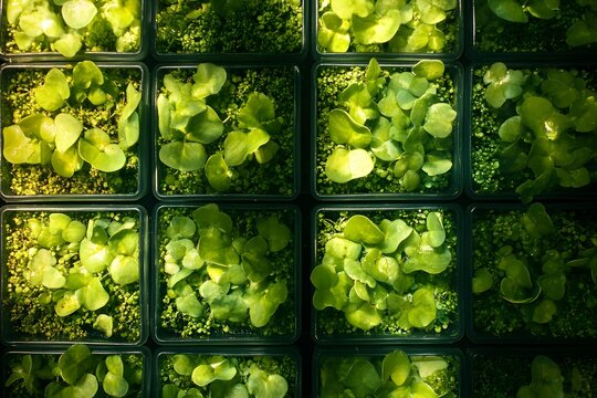 the image displays a collection of young plants arranged in square containers, creating a grid like pattern