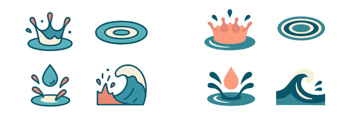 Collection of stylized water elements including splashes, waves, drops, and ripples in a clean graphic style for design