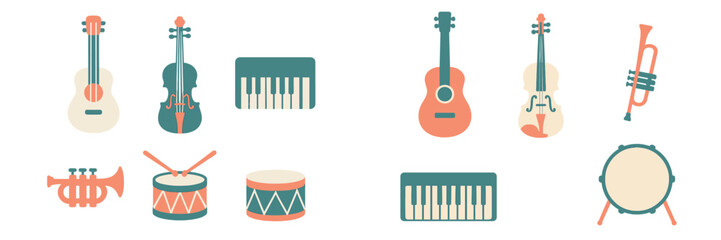 Diverse collection of musical instruments featuring string, percussion, and keyboard elements in a flat graphic style © icon_art