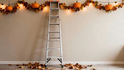 Ladder Against Wall with Pumpkins and Autumn Garland Decor