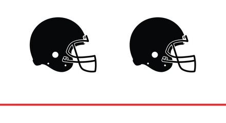 Two black silhouettes of american football helmets on a white background
